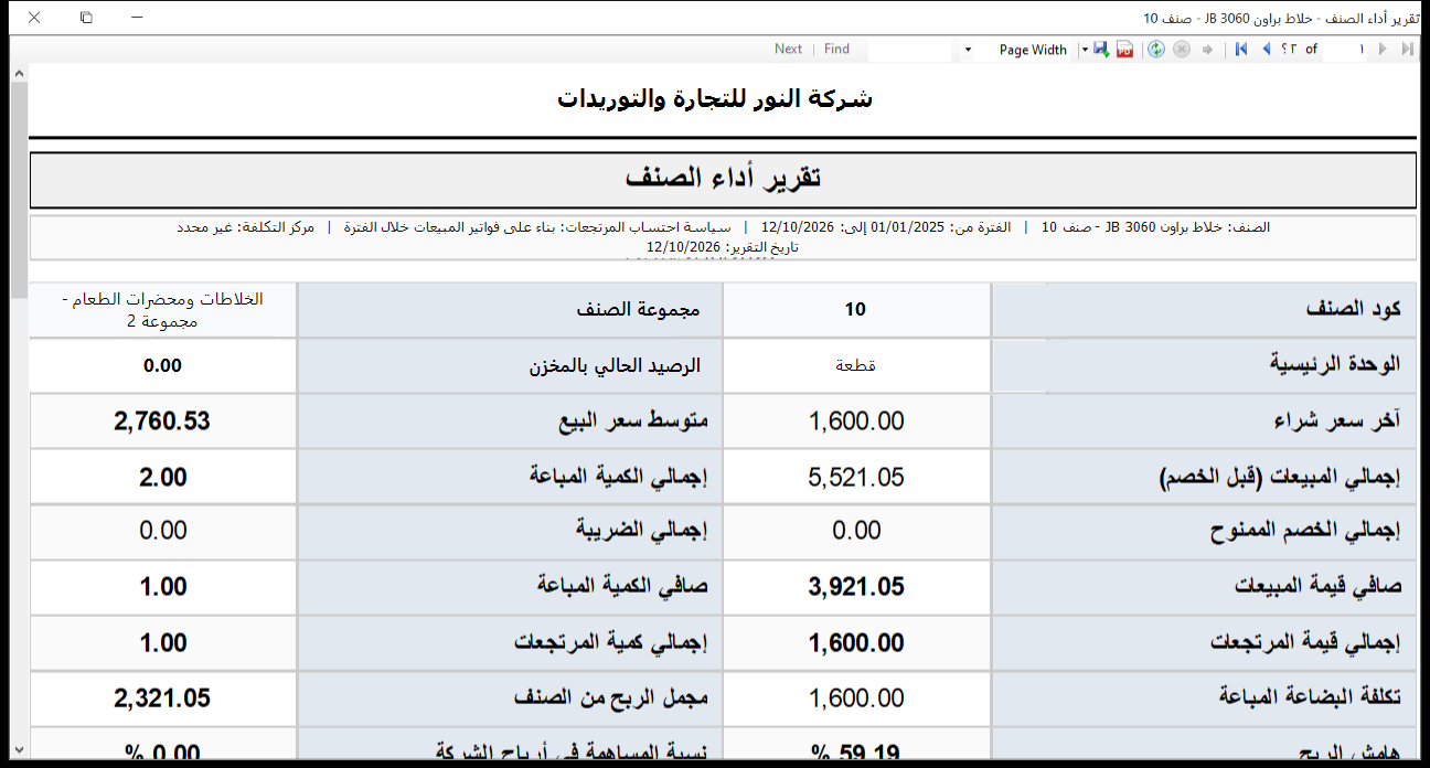 تقرير أداء الصنف في برنامج الأفضل يعرض الرصيد وآخر سعر شراء ومتوسط سعر البيع والمبيعات والمرتجعات وتكلفة البضاعة المباعة ومجمل الربح وهامش الربح