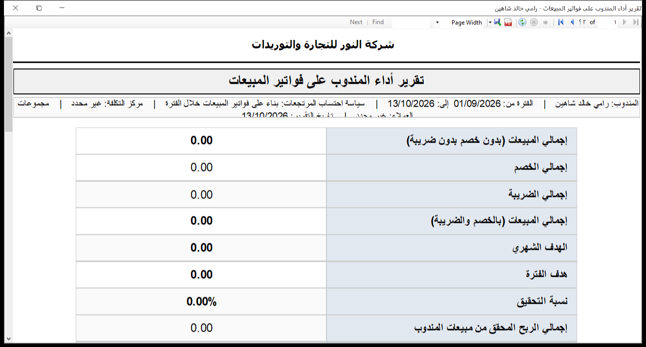 تقرير أداء المندوب على فواتير المبيعات في برنامج الأفضل يعرض إجمالي المبيعات والخصم والضريبة والهدف الشهري وهدف الفترة ونسبة التحقيق والربح المحقق